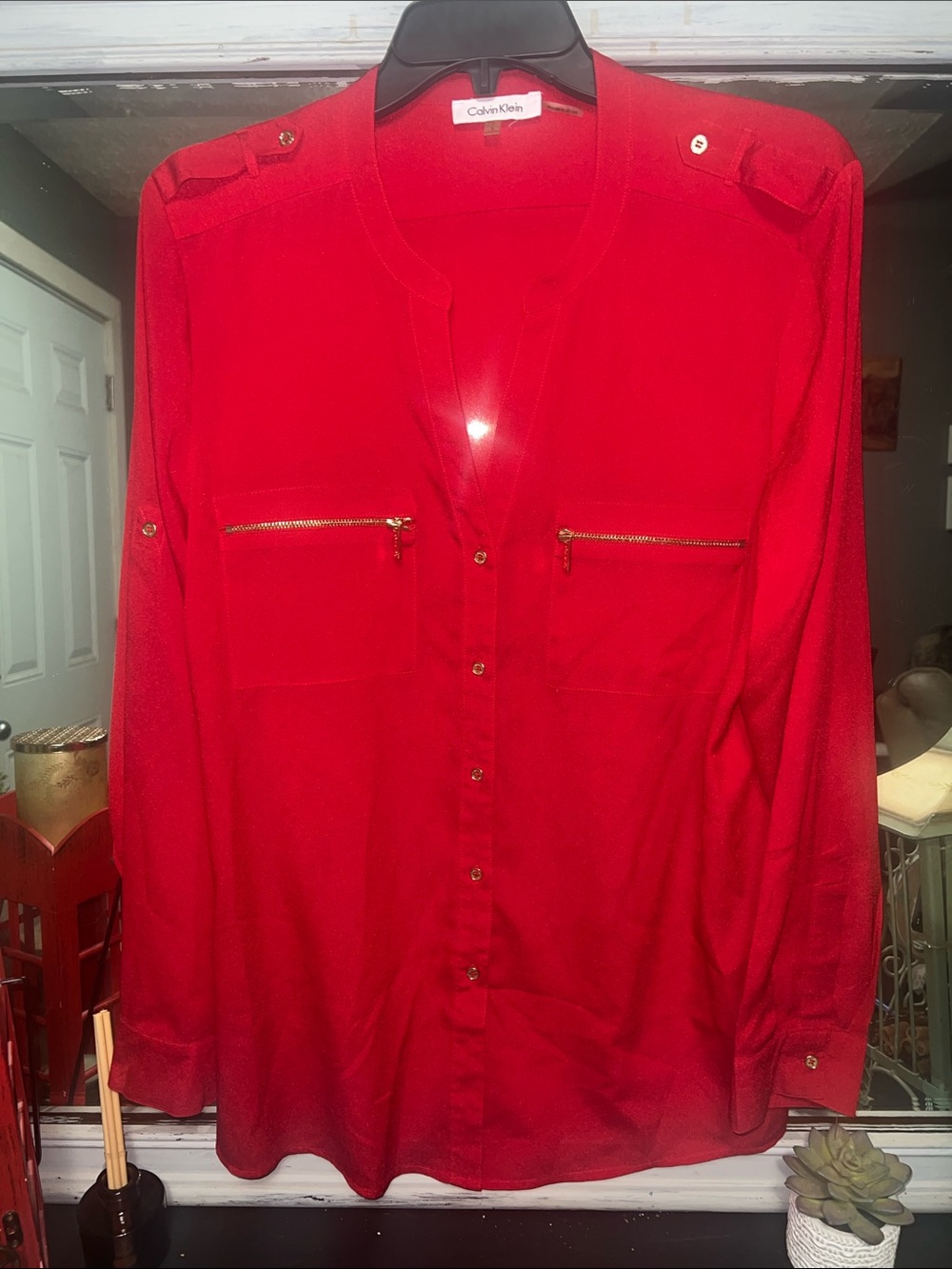 Calvin Klein Bright Red Long-Sleeve Button-Down Shirt with gold features